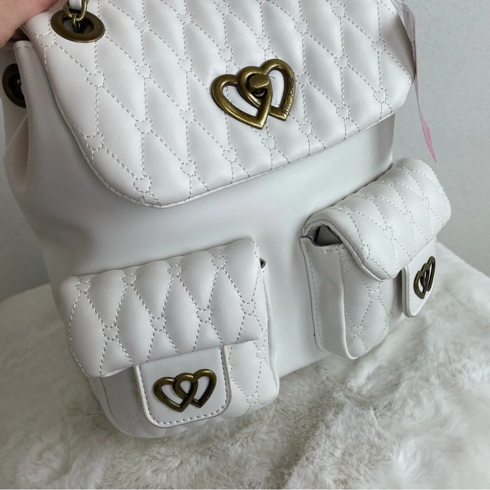 Betsey Johnson White Quilted Heart Accent Backpack
